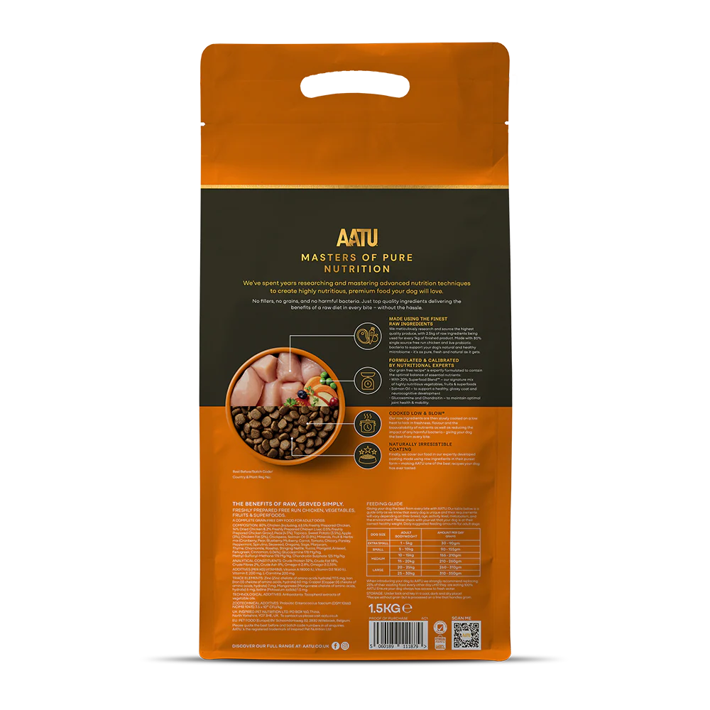 AATU pet food packaging with orange and brown design on a white background