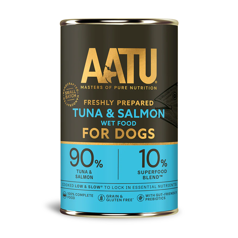 AATU canned dog food for tuna and salmon with a black and blue label.