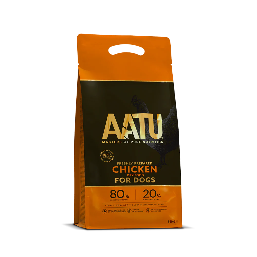 AATU dog food package with orange and black design on a white background
