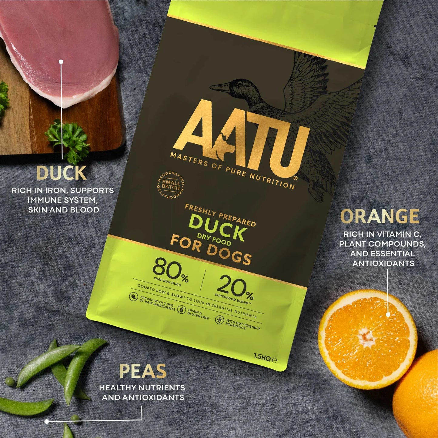 AATU duck dry food package with ingredients like duck, orange, and peas on a dark background