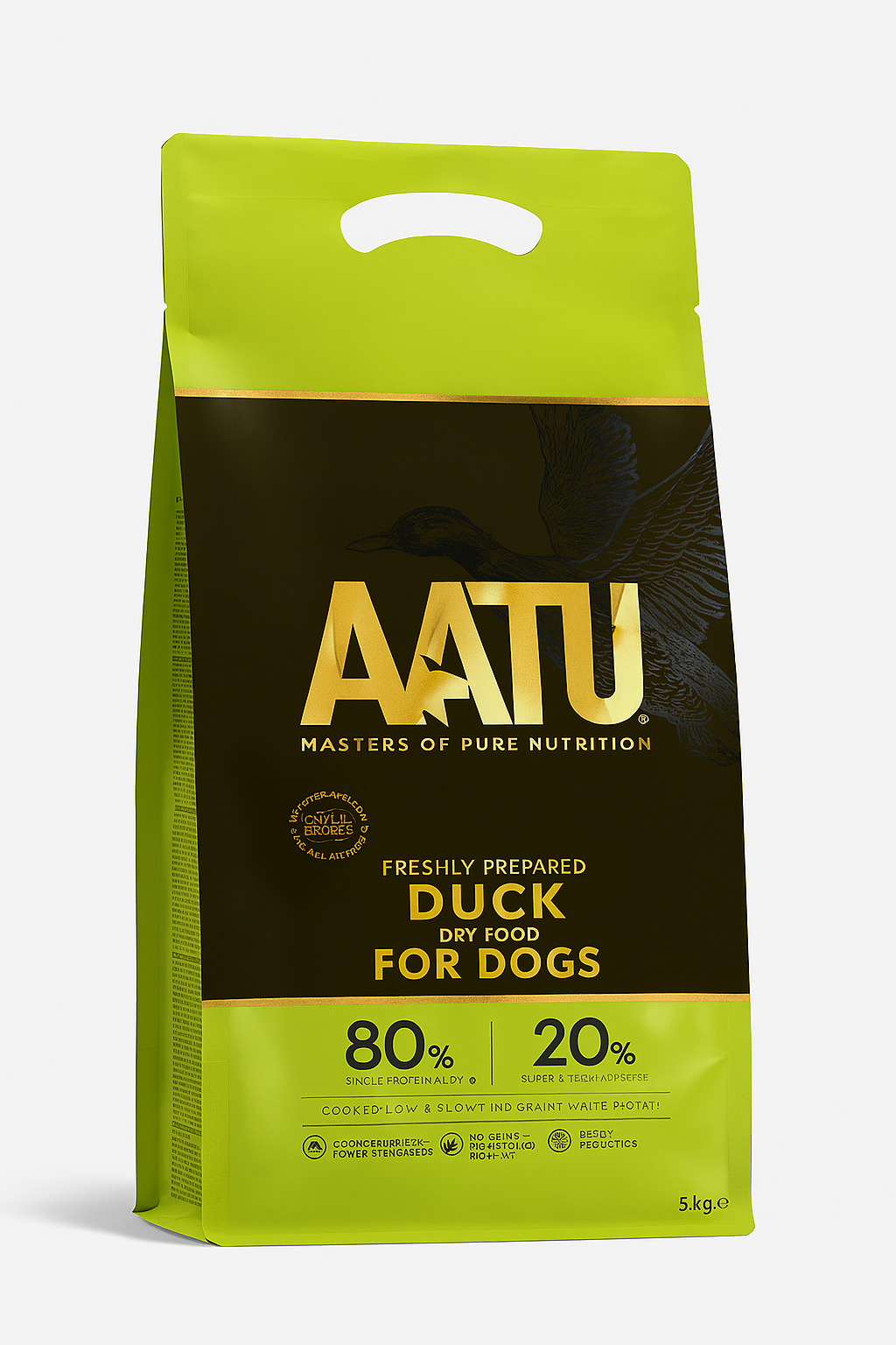 AATU dog food package with green and black design on a white background