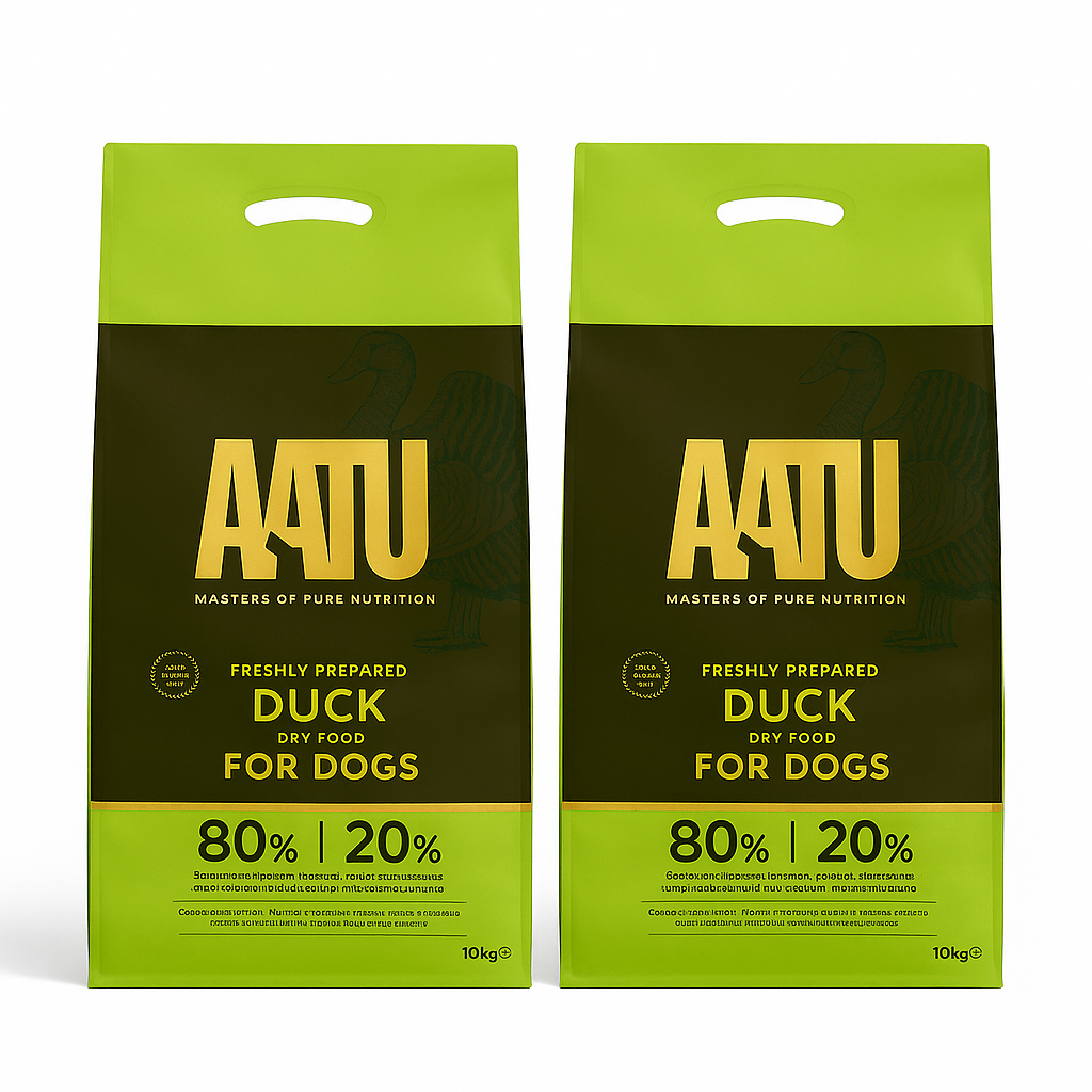 Two 10kg packages of AATU duck dry food for dogs on a white background