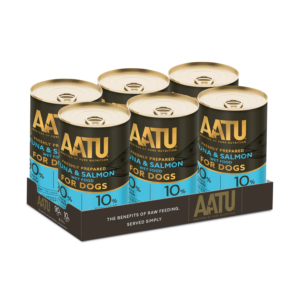 Packaging of AATU canned dog food with six cans on a white background
