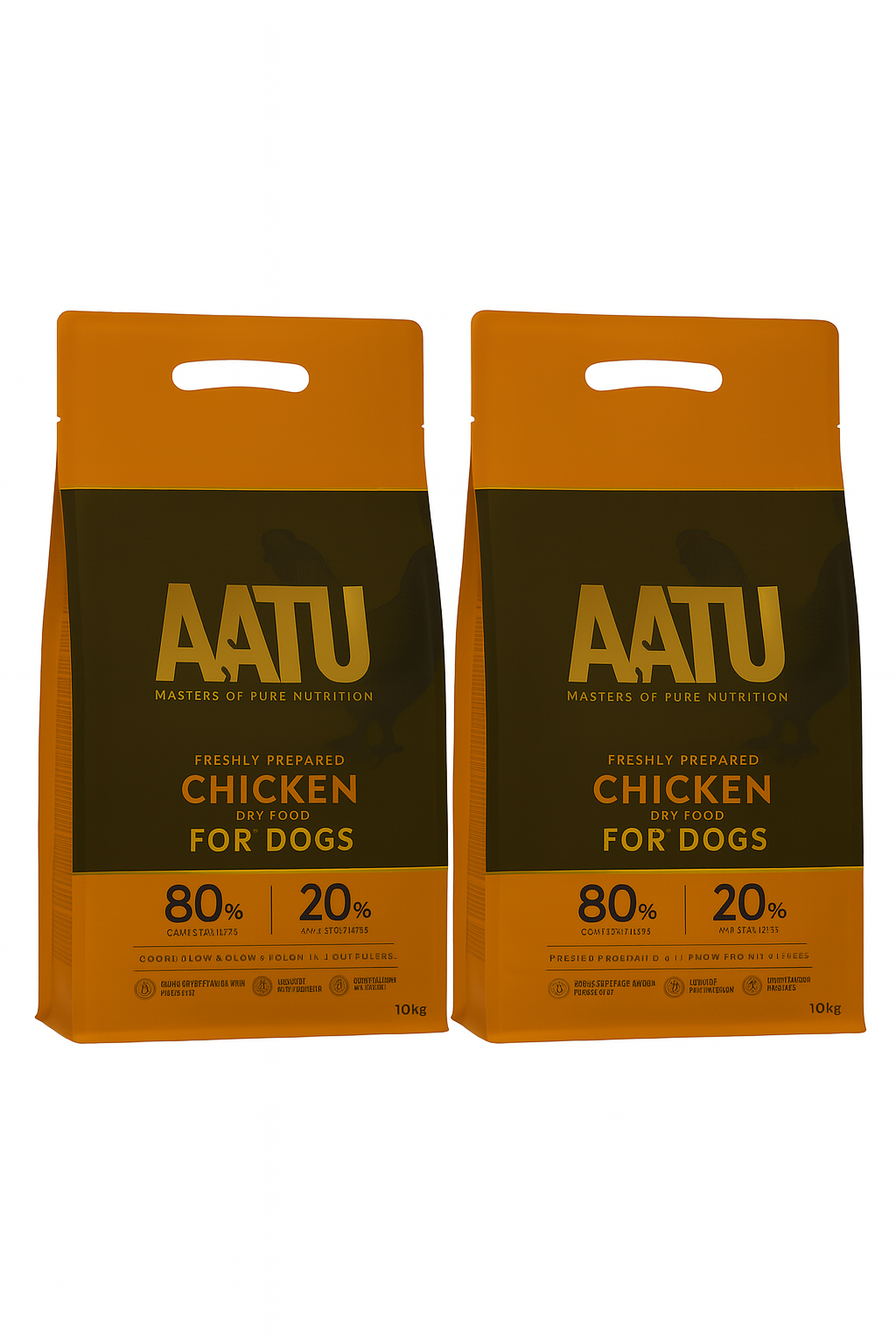 Two packages of AATU chicken dog food on a white background