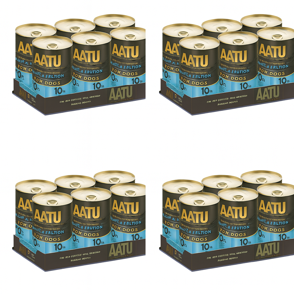 Multiple boxes of AATU pet food cans on a white background