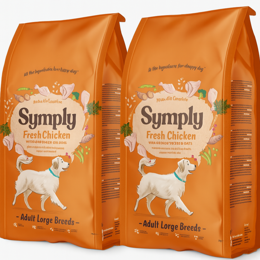 Two orange bags of Symply Fresh Chicken dog food for adult large breeds on a white background.