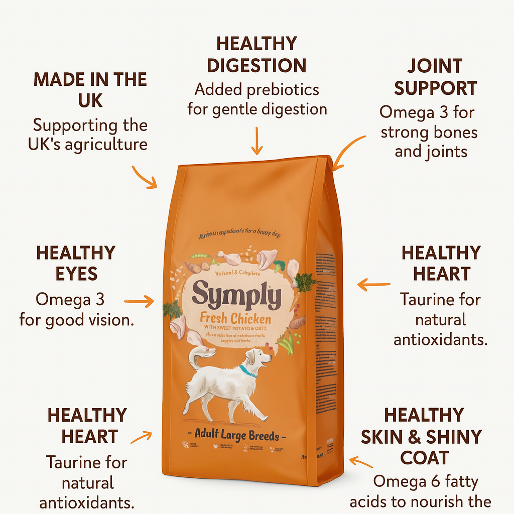 A bag of Symply Large Breed Dog Food with all the health benefits listed around it on a white background.