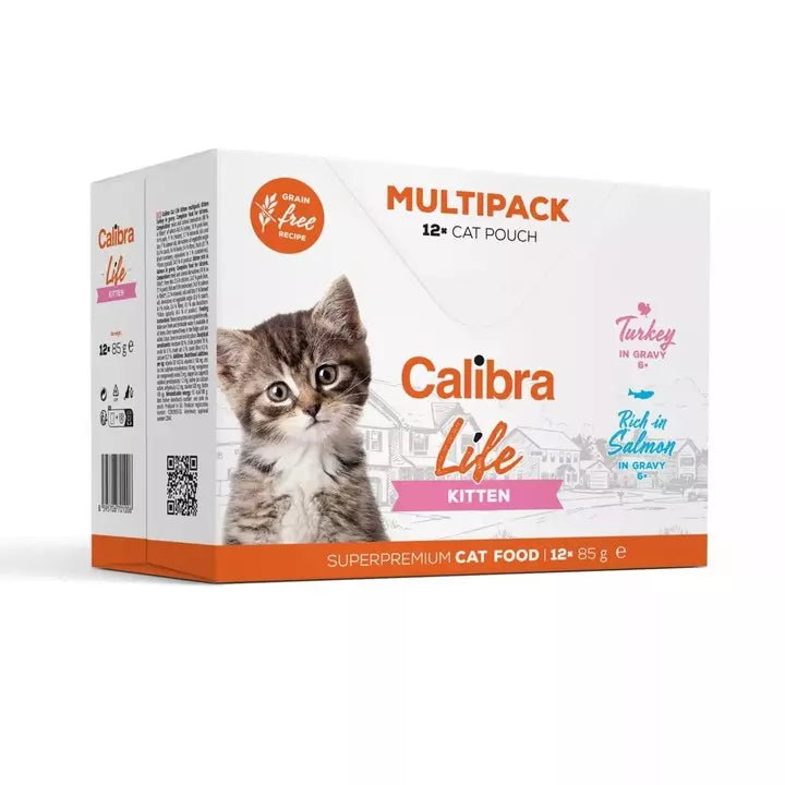 A white box with orange text, There is a kitten on the front and the word kitten is in a pink banner. The box states there are 12 pouches in the box. 6 of Turkey and 6 of Salmon.
