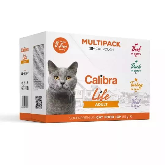 A white box with a grey haired british shorthair on the front. There is orange text on the front of the box saying Calibra Multi Pack.