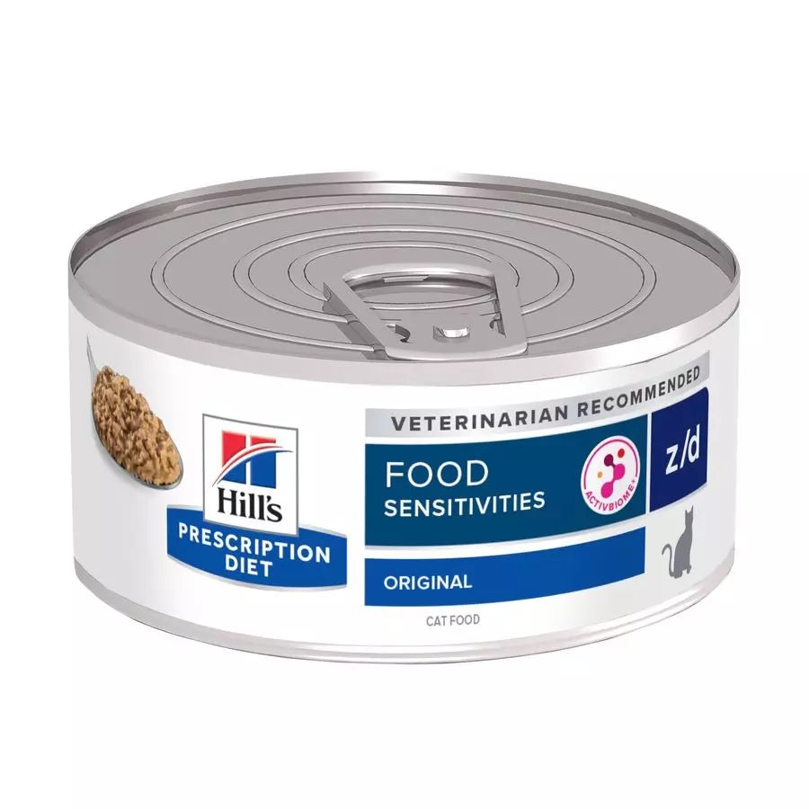 A can of Hill's Prescription Diet Z/D Food Sensitivities Original cat food. The can is silver with a blue label and an image of a cat and a tuna fish, indicating it is a veterinary recommended food product.