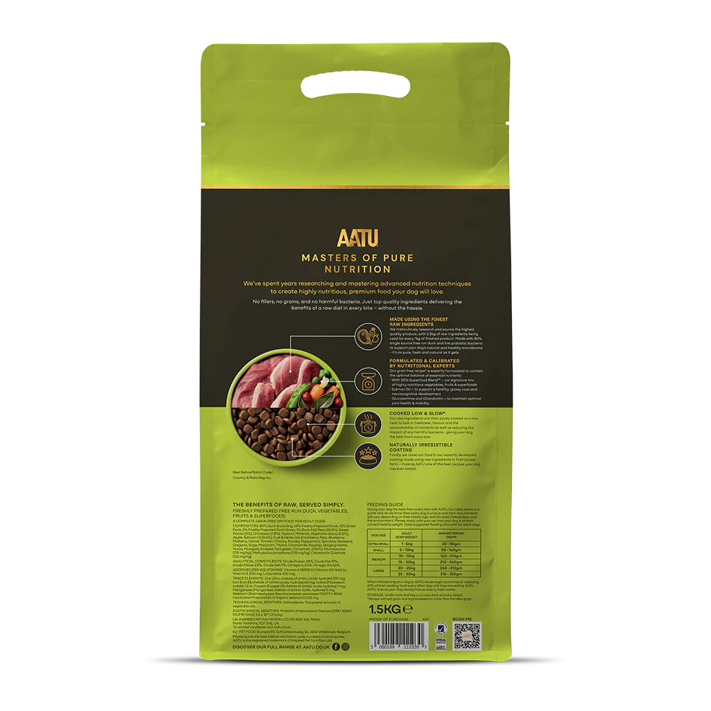 Green and black AATU pet food packaging with text and images of pet food.