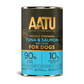 AATU canned dog food for tuna and salmon with a black and blue label.