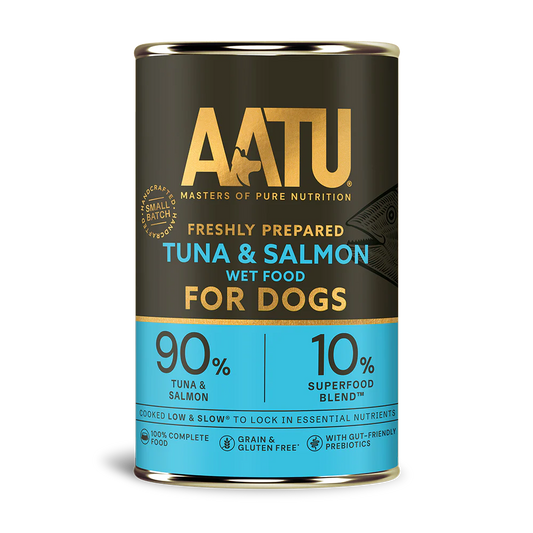 AATU canned dog food for tuna and salmon with a black and blue label.