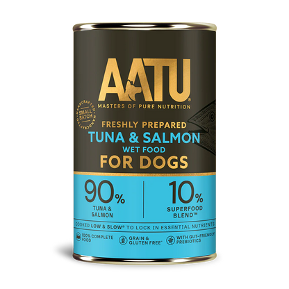 Front view of AATU Tuna and Salmon Dog Can 400g
