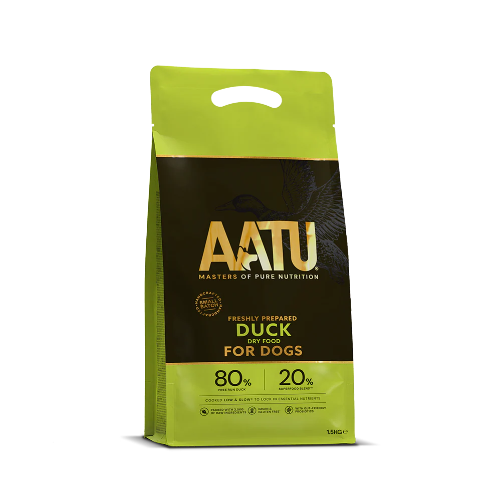 AATU duck dry food package for dogs on a white background