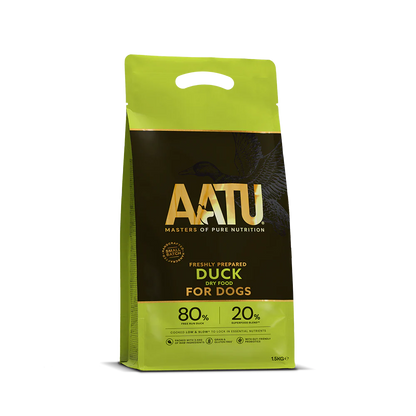 AATU duck dry food package for dogs on a white background