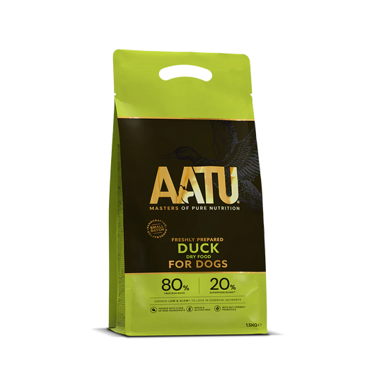 AATU duck dry food package for dogs on a white background
