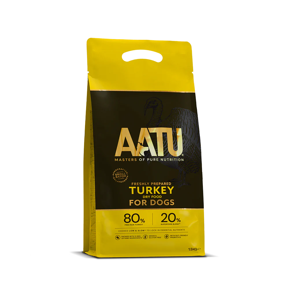 AATU dog food package with yellow and black design on a white background
