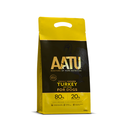AATU dog food package with yellow and black design on a white background