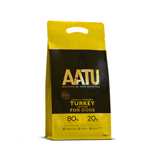 AATU dog food package with yellow and black design on a white background