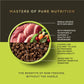 Dog food bowl with raw meat, vegetables, and kibble labeled with benefits on a green and brown background.