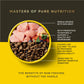 Dog food bowl with raw meat and dry kibble, labeled with nutritional benefits on a yellow and black background.