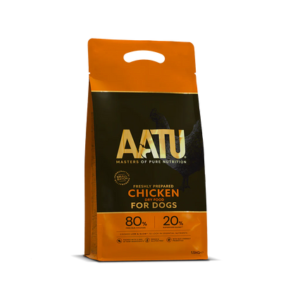 AATU dog food package with orange and black design on a white background