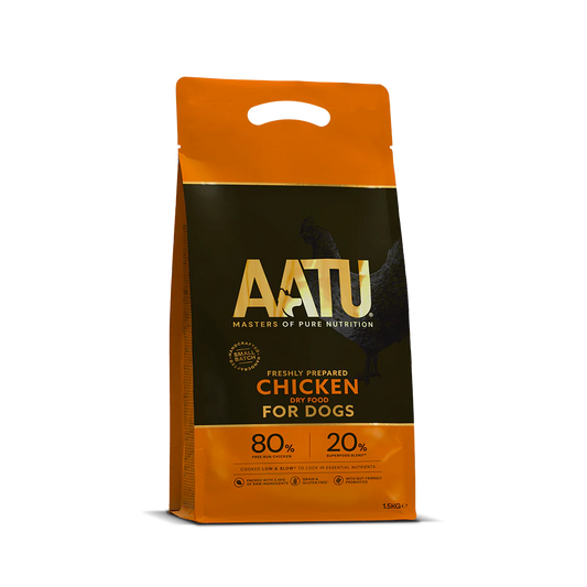 AATU dog food package with orange and black design on a white background