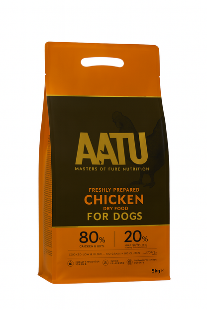 AATU chicken dry dog food package on a white background