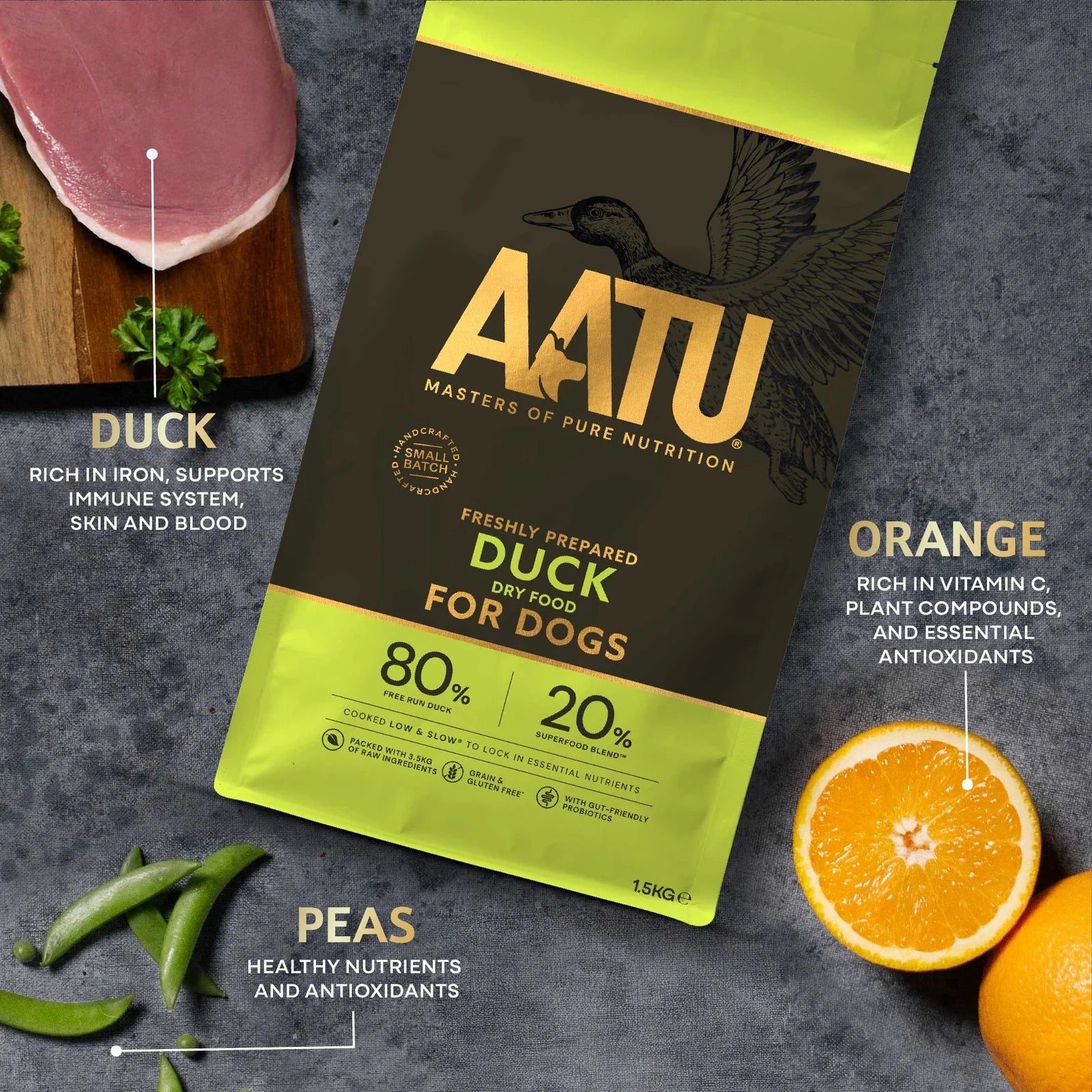 AATU duck dry food package with ingredients like duck, orange, and peas on a dark background