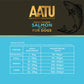 AATU Salmon dry food for dogs with feeding guide on a blue and black background