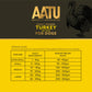 AATU turkey dry food for dogs with feeding guide on a yellow and black background