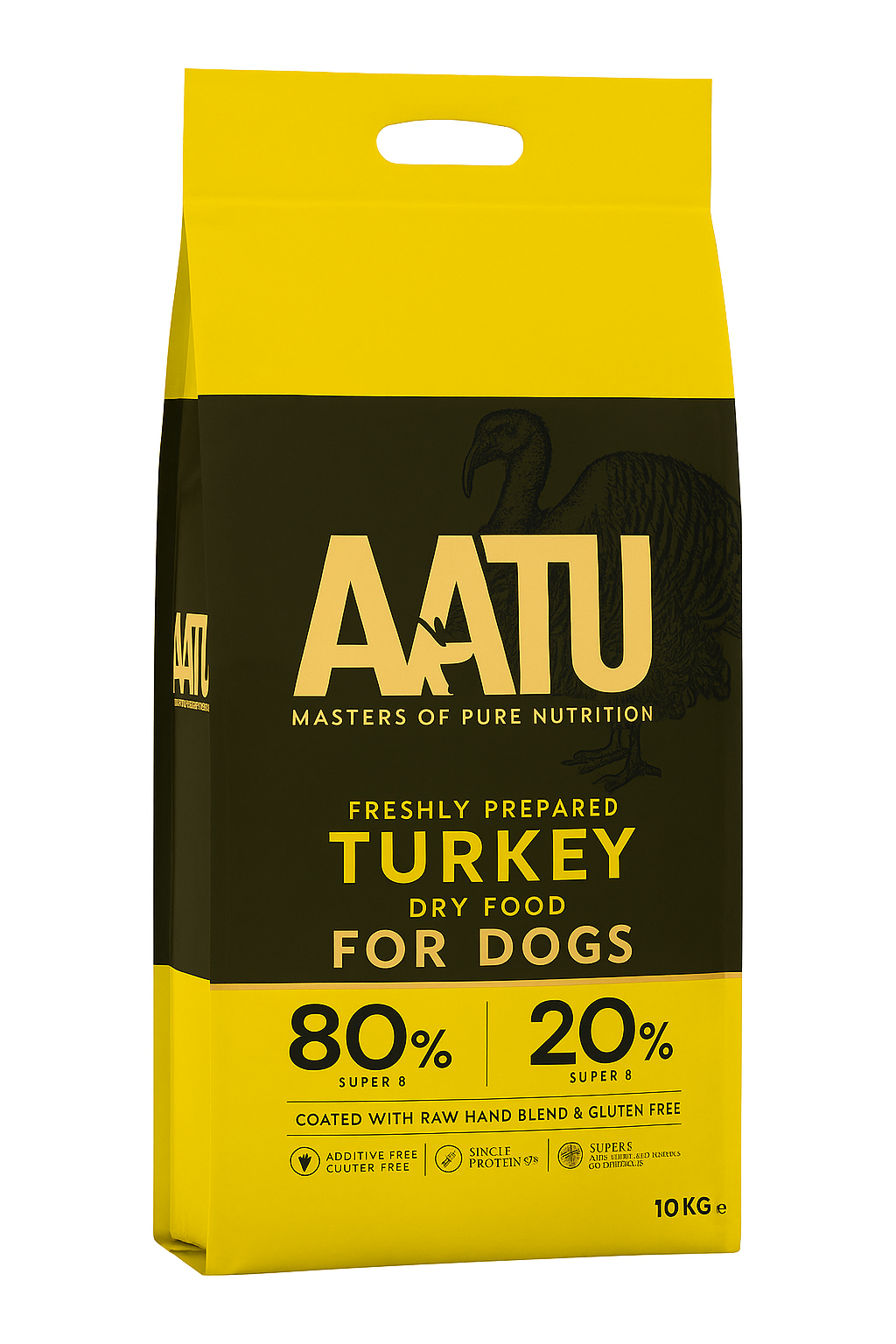 AATU dry dog food package with yellow and black design