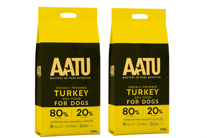 Two packages of AATU dry dog food with yellow and black packaging.