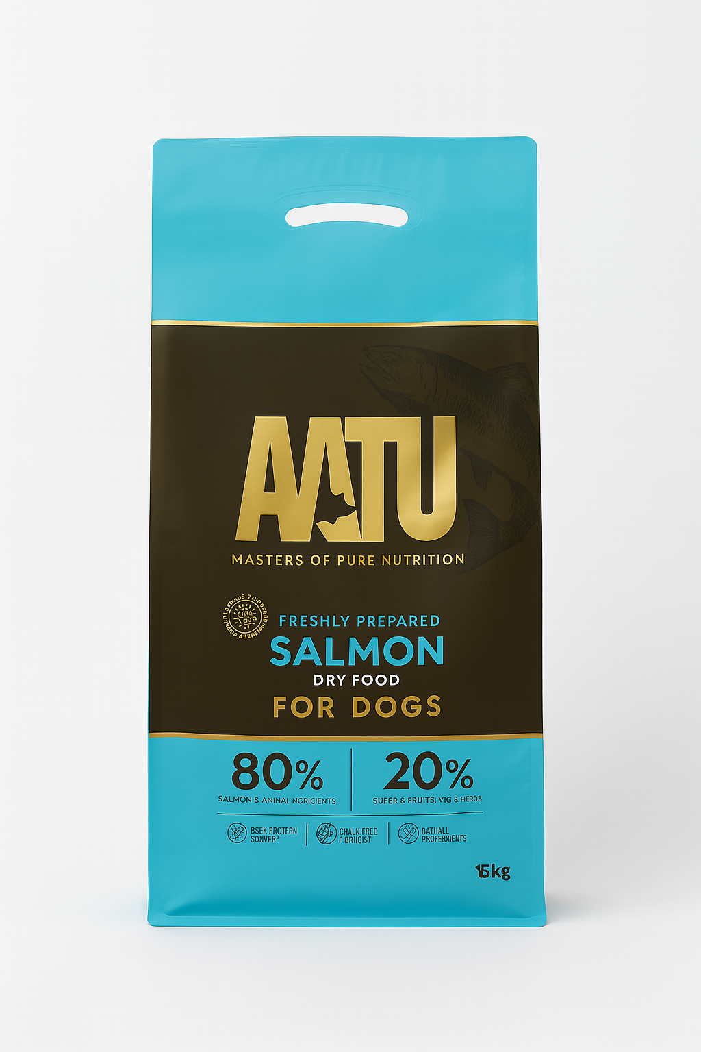 AATU Salmon Adult Dry Dog Food 10kg in a blue bag on a white background.