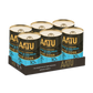 Packaging of AATU canned dog food with six cans on a white background