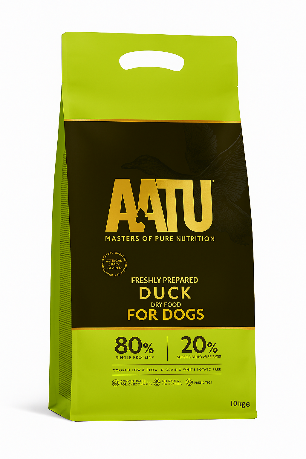 AATU duck dry food 10kg package for dogs on a white background