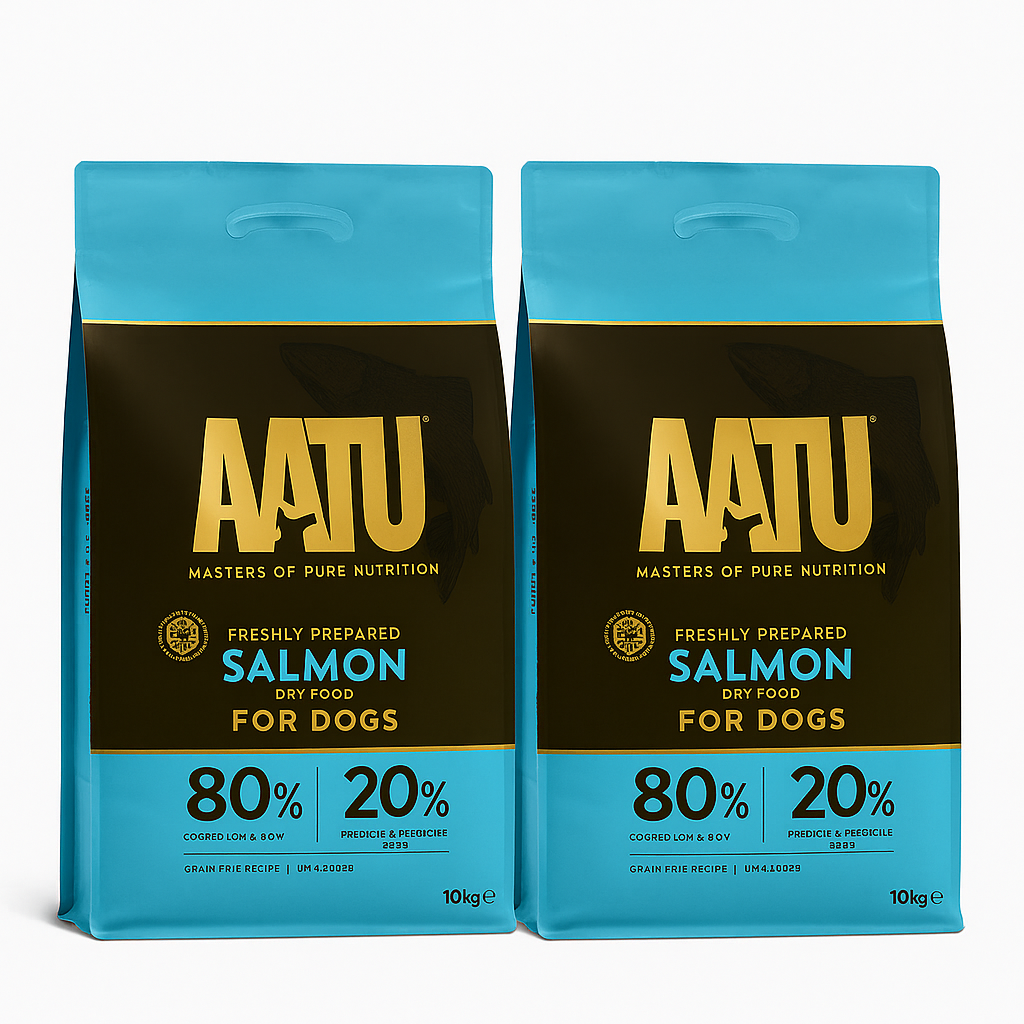 2 Bags of AATU Salmon Dog food in blue packaging with a dark banner across and the writing AATU in the centre in gold. Both bags are next to each other on a white background.