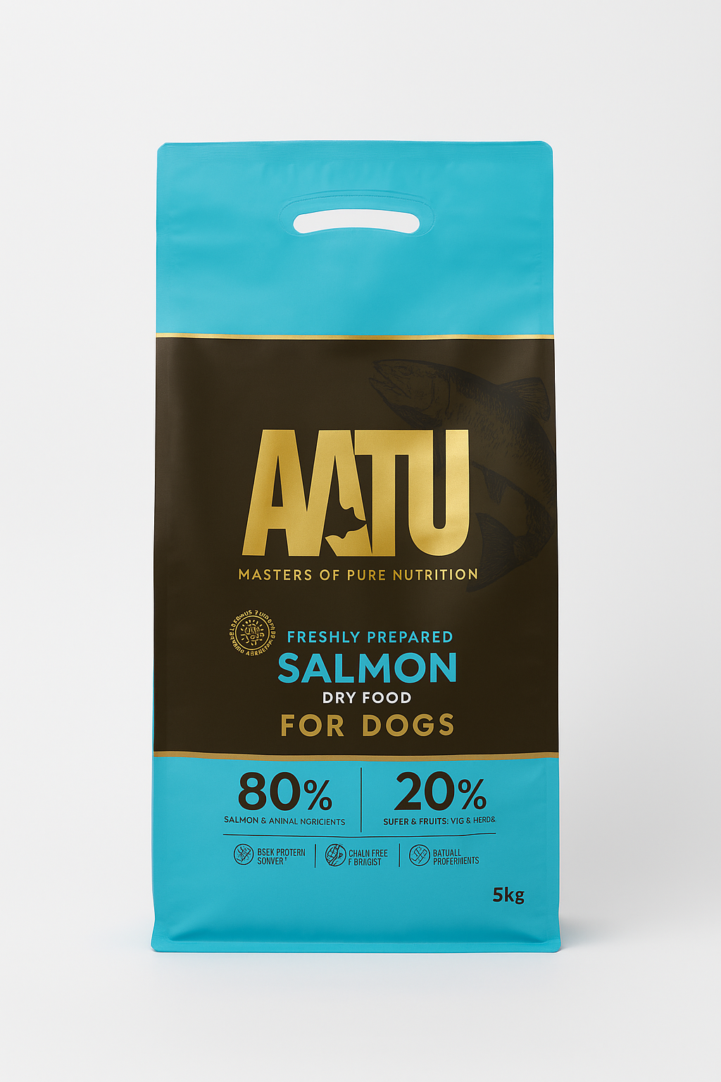 A bag of AATU Salmon 5kg Dog Food on a white background.