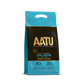 There is a bag of AATU Salmon Dry Dog Food. It is a front view of the packaging and the bag is blue with a dark band in the middle. The wording AATU is embellished in gold font on the front of the bag with the tag line 'Masters of pure nutrition'. The bag has a little handle at the top and it is marked as a 1.5kg bag.