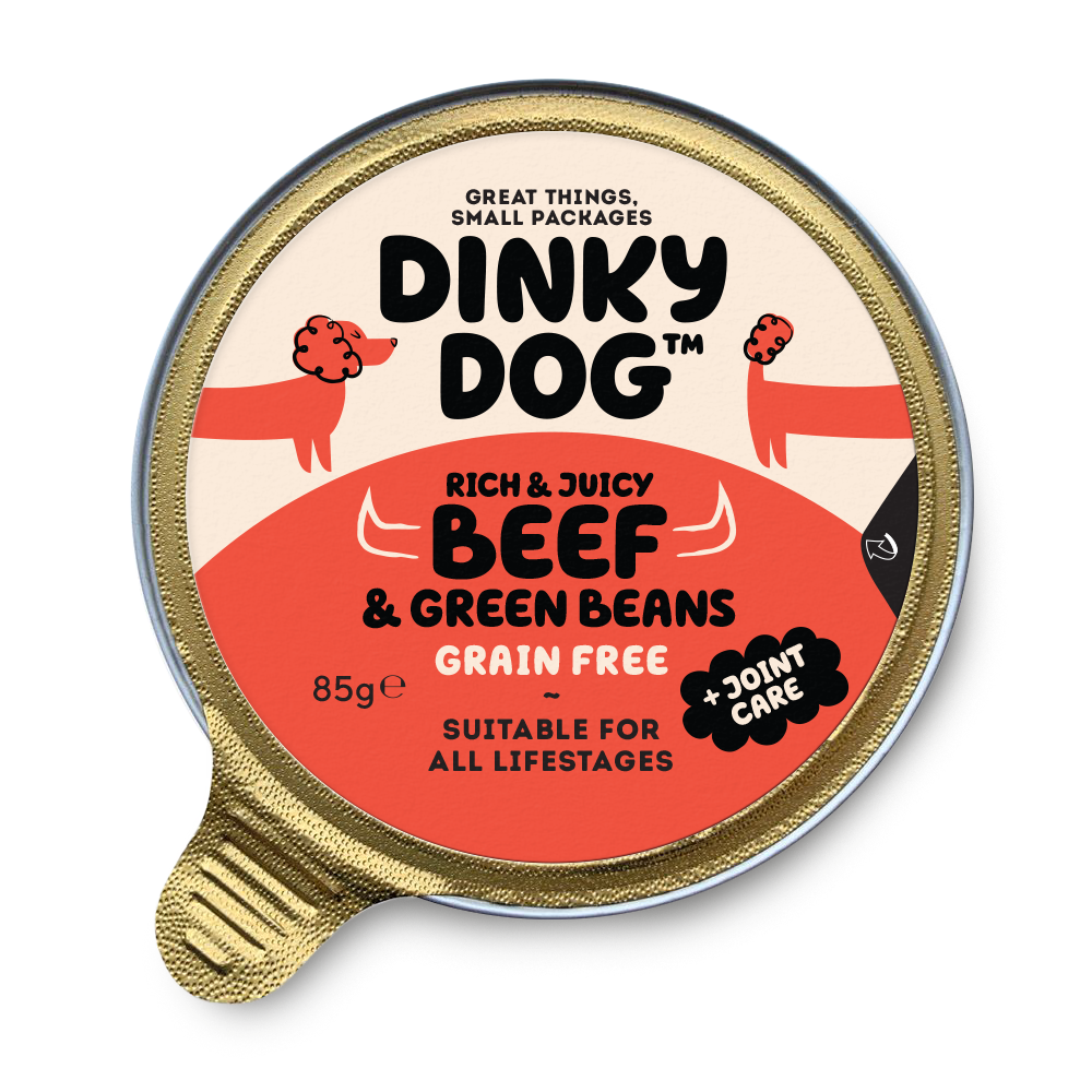 Dinky Dog Beef & Green Beans 85g wet dog food in sealed gold foil tub, grain-free formula for small breed dogs with joint care benefits.