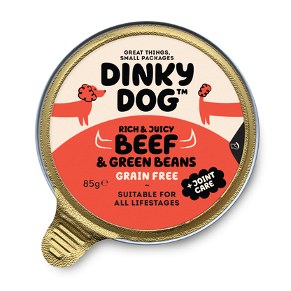 Dinky Dog Beef & Green Beans 85g wet dog food in sealed gold foil tub, grain-free formula for small breed dogs with joint care benefits.