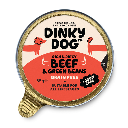 Dinky Dog Beef & Green Beans 85g wet dog food in sealed gold foil tub, grain-free formula for small breed dogs with joint care benefits.