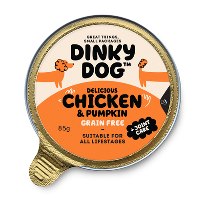 Dinky Dog Chicken & Pumpkin 85g wet dog food in a sealed gold container, labeled grain-free and suitable for all life stages.