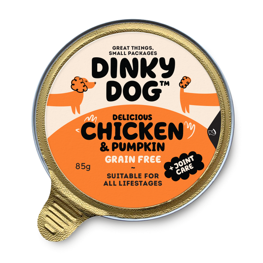 Dinky Dog Chicken & Pumpkin 85g wet dog food in a sealed gold container, labeled grain-free and suitable for all life stages.