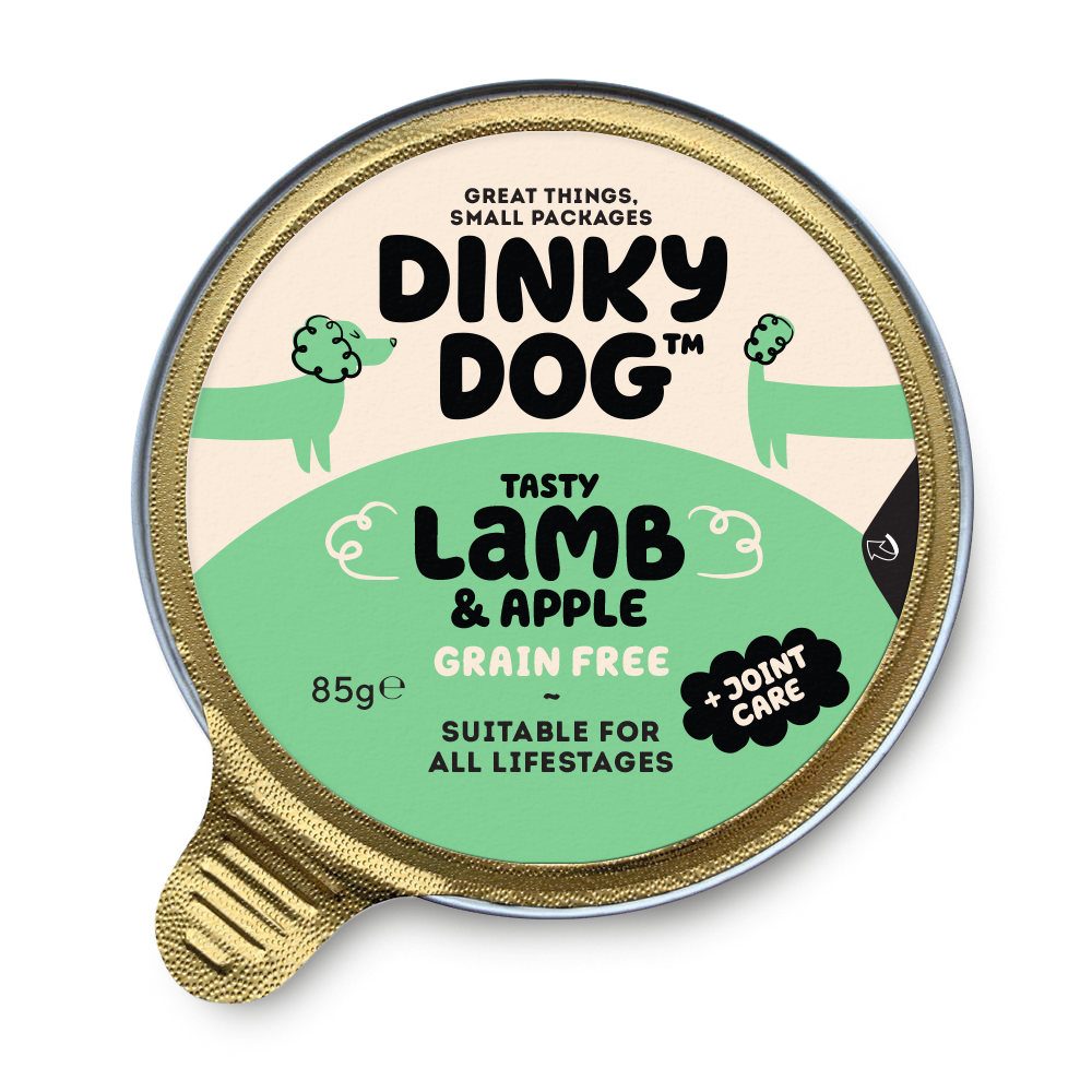 Dinky Dog Lamb & Apple 85g wet dog food packaging for small breeds, grain free and suitable for all life stages with joint care benefits.