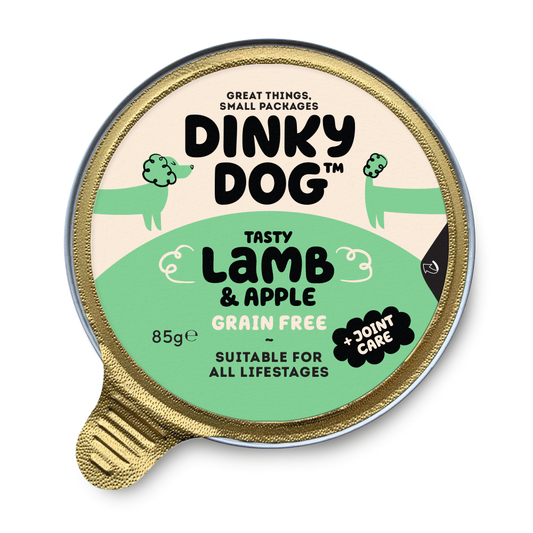 Dinky Dog Lamb & Apple 85g wet dog food packaging for small breeds, grain free and suitable for all life stages with joint care benefits.