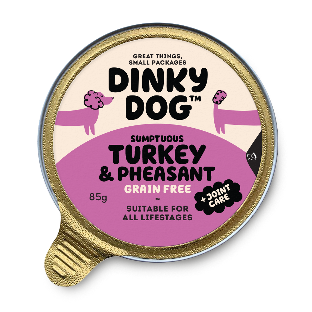 Dinky Dog Turkey & Pheasant 85g wet dog food in a gold-lidded container, labeled grain-free and suitable for all life stages.