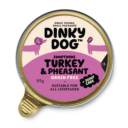 Dinky Dog Turkey & Pheasant 85g wet dog food in a gold-lidded container, labeled grain-free and suitable for all life stages.