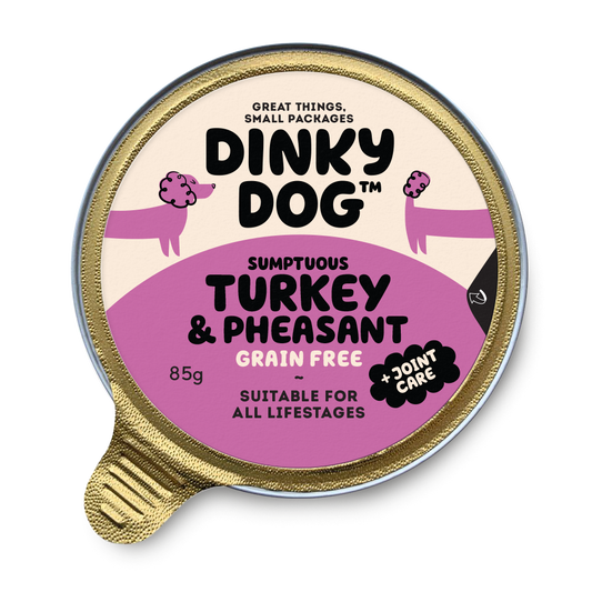 Dinky Dog Turkey & Pheasant 85g wet dog food in a gold-lidded container, labeled grain-free and suitable for all life stages.